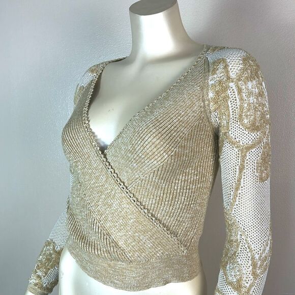 Anthropologie Sweater Lace Sleeves Faux Wrap Beige Boho Romantic small - Picture 7 of 10